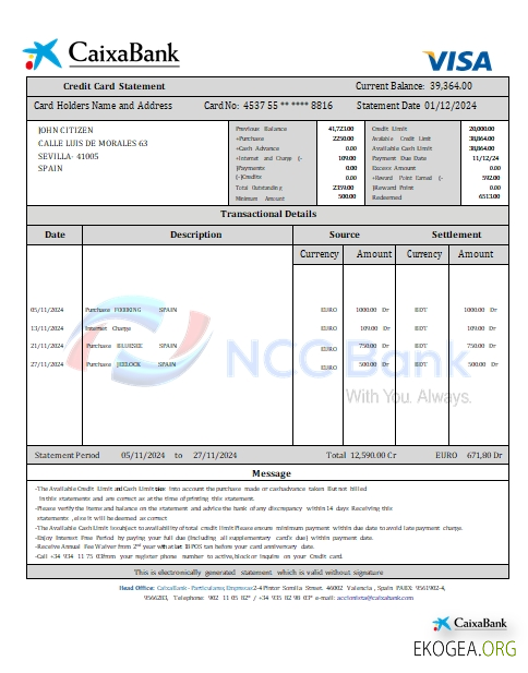 Espagne CaixaBank relevé de carte de crédit scr